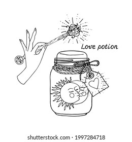 Line art monochrome illustration of hand drawn kissing sun and moon in mason jar. Witch hand holding magic wand. Lettering text love potion. Isolated on white background.