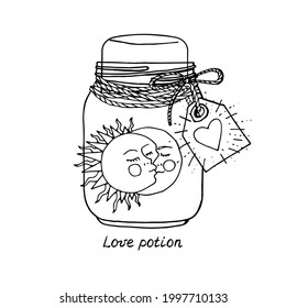 Line art monochrome illustration of hand drawn kissing sun and moon in mason jar. Lettering text love potion. Isolated on white background.