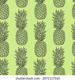 Line art monochrome pineapple pattern. Hand drawn seamless pattern with pineapples. Tropical ornament