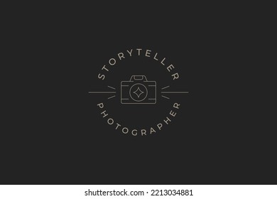 Line art monochrome simple photo video camera with glow lens circle logo with place for text vector illustration. Minimalist photographer blogger multimedia content creator business card