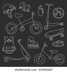 Line art monochrome symbols set. Doodle sketch sporting goods for kids. Vector icons Illustration. Scooter, rollers, skate, bike, sneakers, backpack, helmet. Summer children's holiday