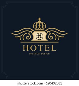 Line Art Monogram Luxury Design, Graceful Template. Calligraphic Elegant Beautiful Logo. Royal Style. Letter Emblem Sign H For Royalty, Restaurant, Boutique, Hotel, Heraldic. Vector Illustration