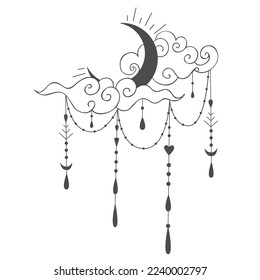 Line art Moon with Cloud on the White Background. Vector Illustration.