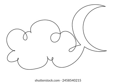 Line Art Moon and Cloud Sketch. Simple Curve Outline Doodle Silhouette. Line moon and Cloud Symbol Icon. 