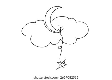 Line Art Moon, Cloud and Star Icon. Outline Sweet Dream and Good Night Sleep Symbol. baby Shower or Nursery Abstract Simple Romantic Decoration. One Continuous Editable Stroke Sketch Art.