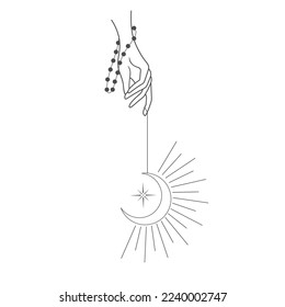 Line Art Moon and Hand on the white Background. Vector Illustration.