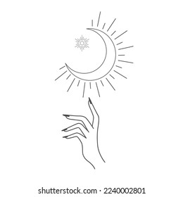 Line Art Moon and Hand on the white Background. Vector Illustration.