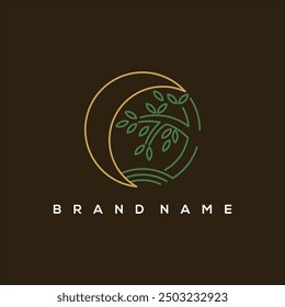line art moon and tree circle logo vector