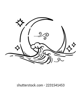 line art of moon and waves, vector illustration