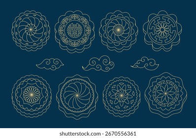 Line art of mooncakes clouds set on a night sky blue background. Linear golden Chinese mooncakes in a simple, elegant geometric style. Mid autumn food. Oriental vector illustrations.