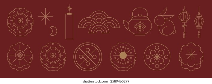 Line art of mooncakes, lanterns, and a rabbit on a red background. Features mooncakes, lanterns, and a rabbit in a simple, elegant style. Oriental illustrations, vector set.