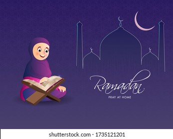 Line Art Mosque with Crescent Moon and Muslim Girl Reading Quran on Ramadan Pray At Home Concept.