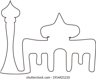Line art of the mosque with the design of one tower and large dome in the core building. 