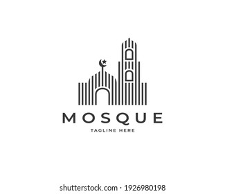 Line art mosque logo design vector. Minimalist Islamic mosque building logo design