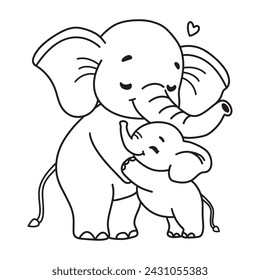 Line art of mother elephant hugging her kid cartoon vector