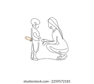line art of a mother with her child asking for mobile. Kids screen addiction concept art.
