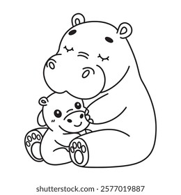 Line art of mother hippo hugs her baby cartoon vector