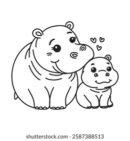 Line art of mother hippo kissing on her baby hippo's head cartoon vector