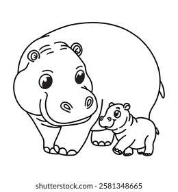 Line art of mother hippo looking at her baby cartoon vector