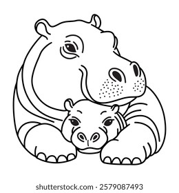 Line art of mother hippo straddles her baby hippo cartoon vector