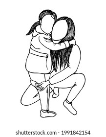 Line art of mother hugging her daughter. Vector illustration of mother and daughter. Hand drawn illustration