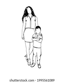 Line art of mother hugging her son. Hand drawn line illustration of happy parenting. Design vector graphic illustration. Trendy one line graphic design vector illustration