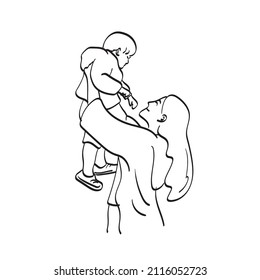 line art mother throwing up her son in the sky illustration vector hand drawn isolated on white background
