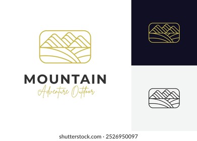 Line art mountain badge logo design with a land view for travel outdoors team, farm village creative logo design