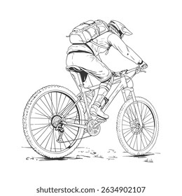 Line art of a mountain biker wearing a helmet and backpack, ready for adventure.