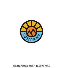 Line Art Mountain With Circle Sun And Sunset Logo Design Vector Icon Stamp