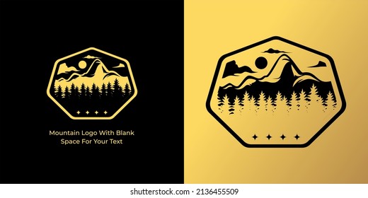 Line art Mountain emblem logo, outdoor adventure emblem, badge and mountain logo. Mountain tourism, hiking. Jungle camp label in vintage style.