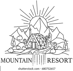 Line art of mountain landscape with Dome house and river on rocks background and rising sun. Vector illustration
