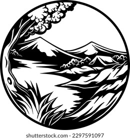 Line art mountain landscape vector illustration