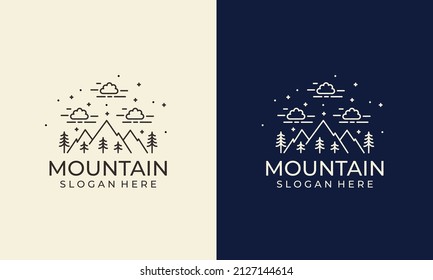 line art mountain logo design, simple adventure graphic with tree and sky logo template