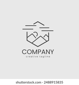 Line art mountain logo, icon, app logo, sun logo, vector, illustration template