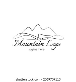 Line art mountain logo template. Wind and mountain brand identity illustration. Aesthetic modern logo design element. Black and white monoline mountain element. Landscape corporate branding identity.