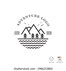 Line Art mit Element Berg, Kiefer und See, Abenteuer-Logo-Design Vektorgrafik