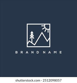 line art mountain pine tree and sun logo vector