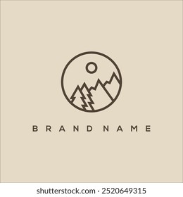 Line art mountain pine trees in sun circle logo vector