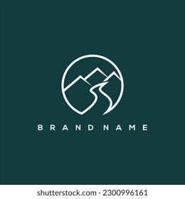 Line art mountain and river in circle vector logo
