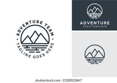 Line Art Mountain River Lake Sea Ocean for Outdoor Adventure Label Stamp Logo Design