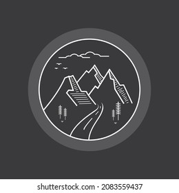 Line art mountain scenery vector hand-painted logo design Logo design template illustration image of mountain scenery and highway looks simple elegant. Mountain landscape retro vintage logo design in 