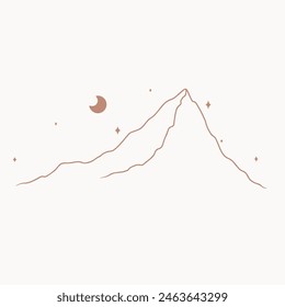 Line art mountain with stars and moon, simple minimalistic boho art