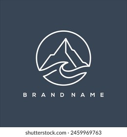 Vector de logo de line art mountain y wave circle