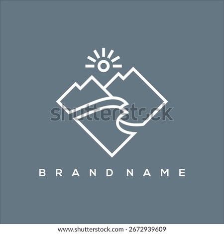 line art mountain waves and sun logo vector