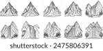 Line art, mountains and waterfalls,
