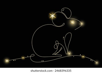 Line Art Mouse Animal with Gold Glitter Stars. Luxury Rich Glamour Christmas Card Template. Mouse Rodent Isolated on Black. Shine Gold Light Texture Effect. Glowing Blink Star New Year Mouse Symbol.