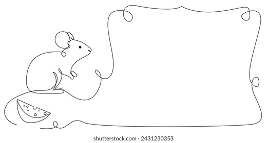 Line Art Mouse. Small Mouse Icon Frame Border Sketch Design. One Continuous Editable Vector Outline Illustration.  Modern Line Art Contour. Mouse Animal Pet And Cheese Funny Doodle Frame Border Art