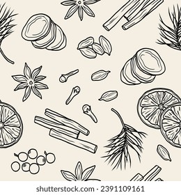Line art mulled wine spices seamless pattern