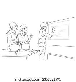 Line art of multiethnic architects discuss construction plans in the meeting room